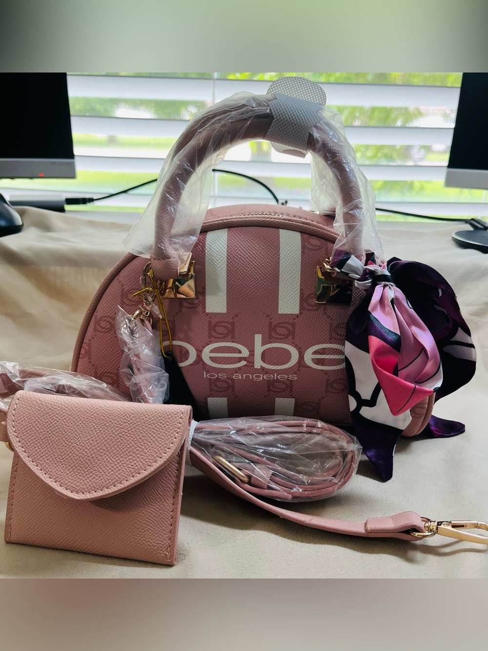 bebe Pink Dome Satchel with Scarf Accent and Card Holder - NWT - Retail 109.00